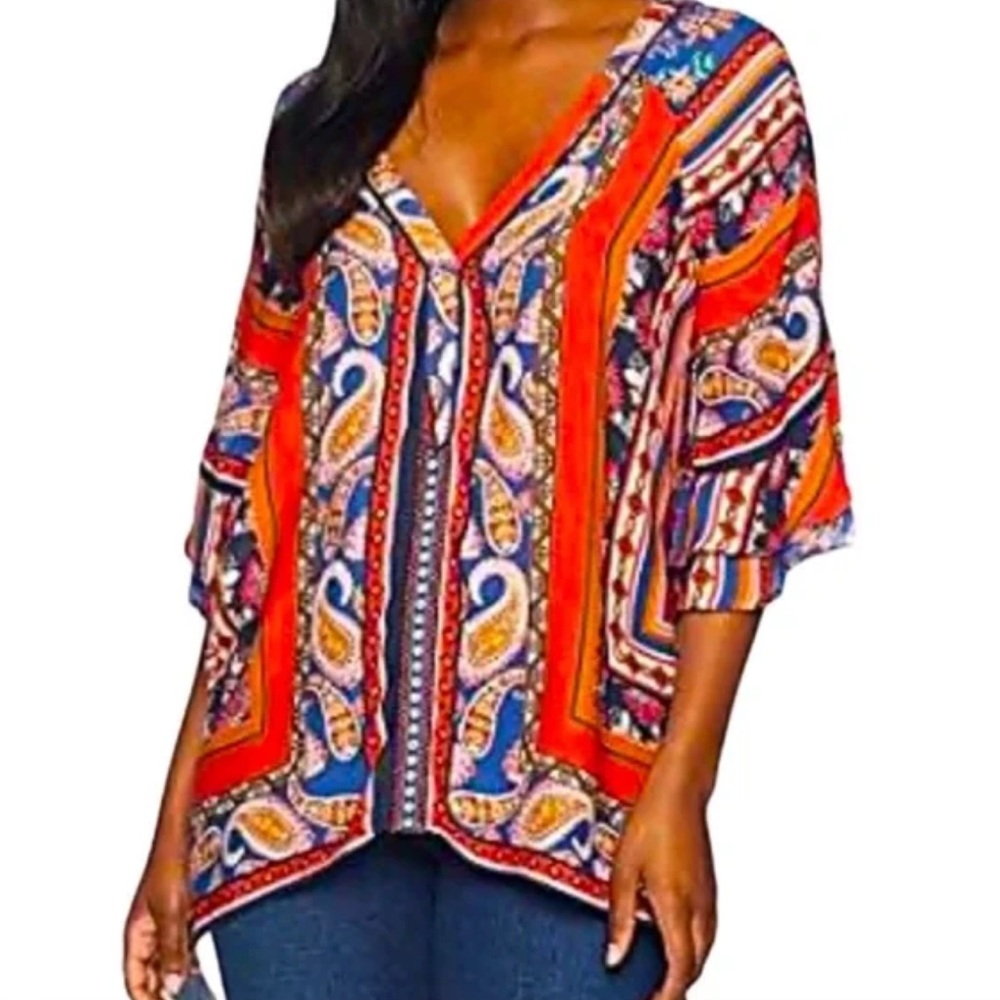 Democracy Bohemian Mix-Up Bell Sleeve Light weight Tunic Top 2X